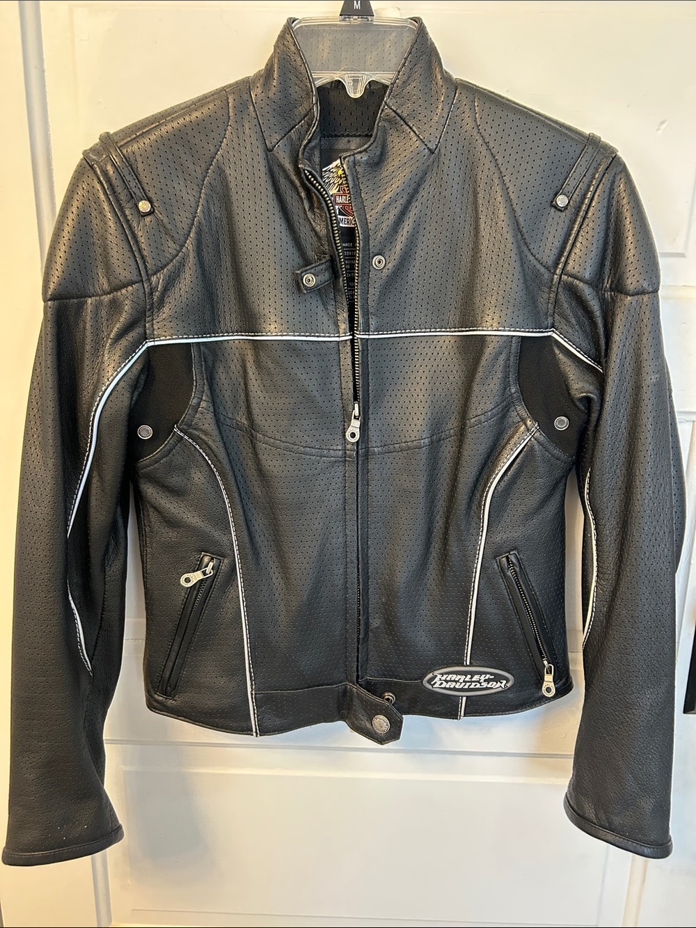 Harley-Davidson Black Leather Motorcycle Jacket with White Piping